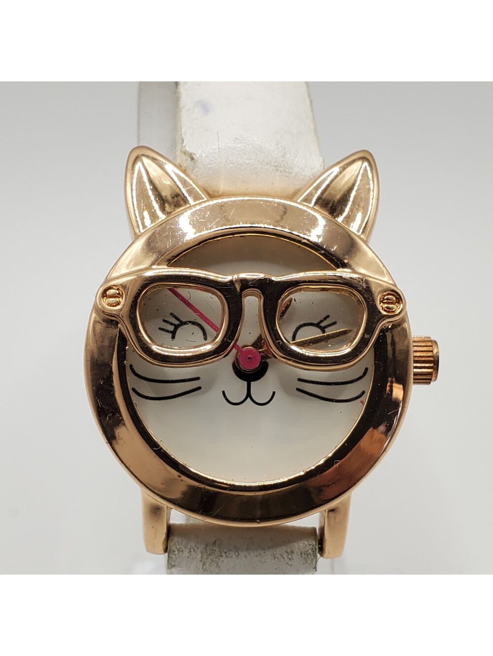 Smiley Cat Women Rosegold Tone Analog Watch 26mm Pink Seconds Hand New Battery